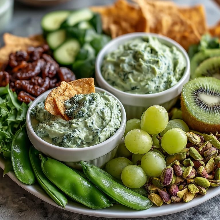 Festive platter of green snacks and dips, perfect for St. Patricks Day celebrations with friends and family.  