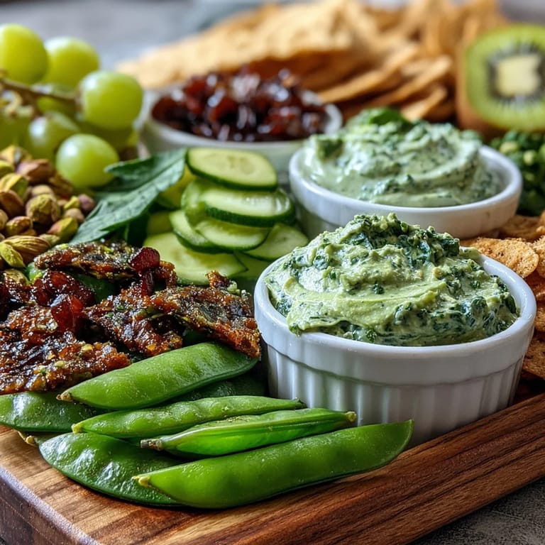 Colorful St. Patricks Day appetizer board brimming with green vegetables, savory snacks, and sweet treats for a lively party spread.