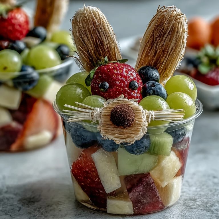 Healthy Easter bunny fruit cups with colorful fresh fruit, marshmallow cheeks, candy noses, and paper ears—perfect for kids and festive gatherings.