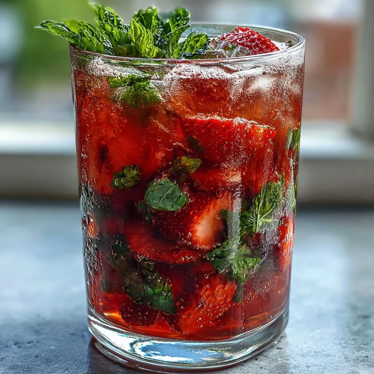 Refreshing strawberry mint mocktail pitcher filled with muddled berries, zesty citrus, and sparkling water for a festive non-alcoholic drink.