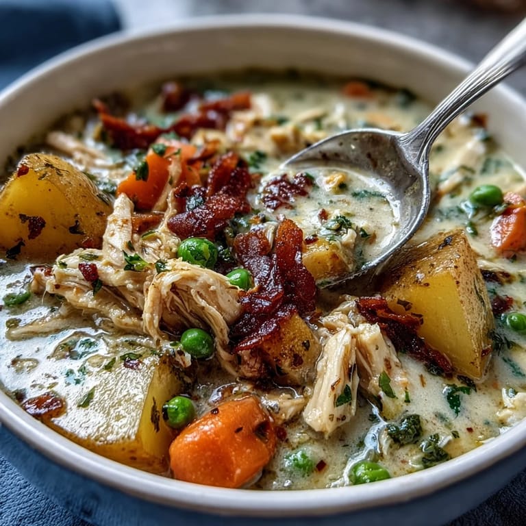Hearty Chicken Pot Pie Soup slow-cooked to perfection, featuring shredded chicken, potatoes, carrots, and a comforting creamy base.