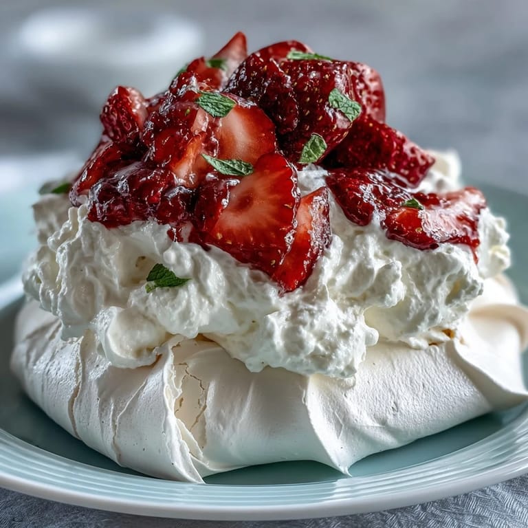 Elegant meringue nests topped with fluffy whipped cream and juicy, ripe strawberries.