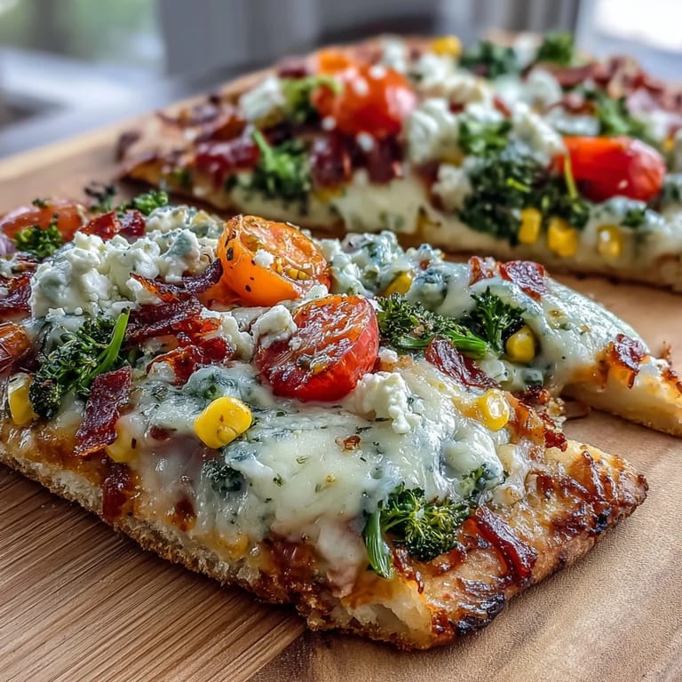 A colorful vegetarian flatbread pizza featuring fresh vegetables in rainbow order, topped with mozzarella and feta cheese for St. Patricks Day.