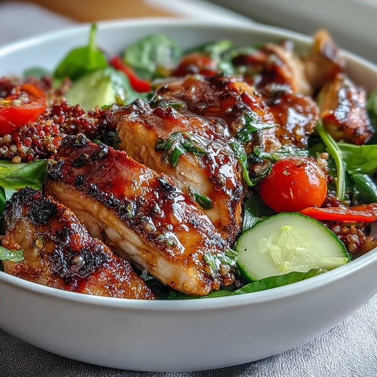 Healthy Lemon Vinaigrette Grilled Chicken and Veggie Bowl, packed with protein and vibrant flavors for a light meal.