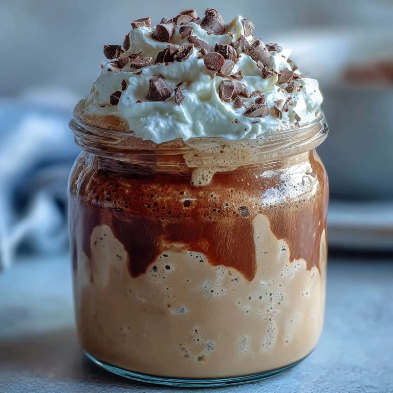 Coffee-infused vanilla overnight oats in a jar, layered with sweetened espresso and finished with vanilla granola.