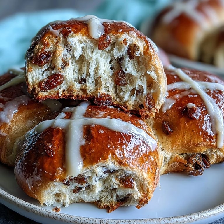 Golden hot cross buns with aromatic spices, juicy dried fruit, and a bright citrus glaze, ideal for Easter.