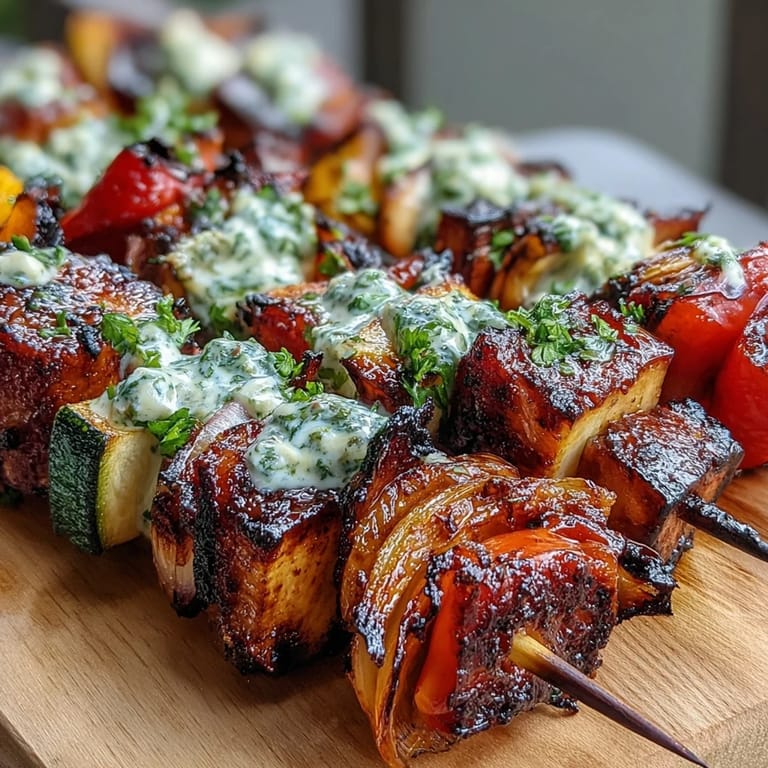 Close-up of summer grilled veggie skewers with chimichurri, highlighting the tender vegetables and vibrant green sauce.