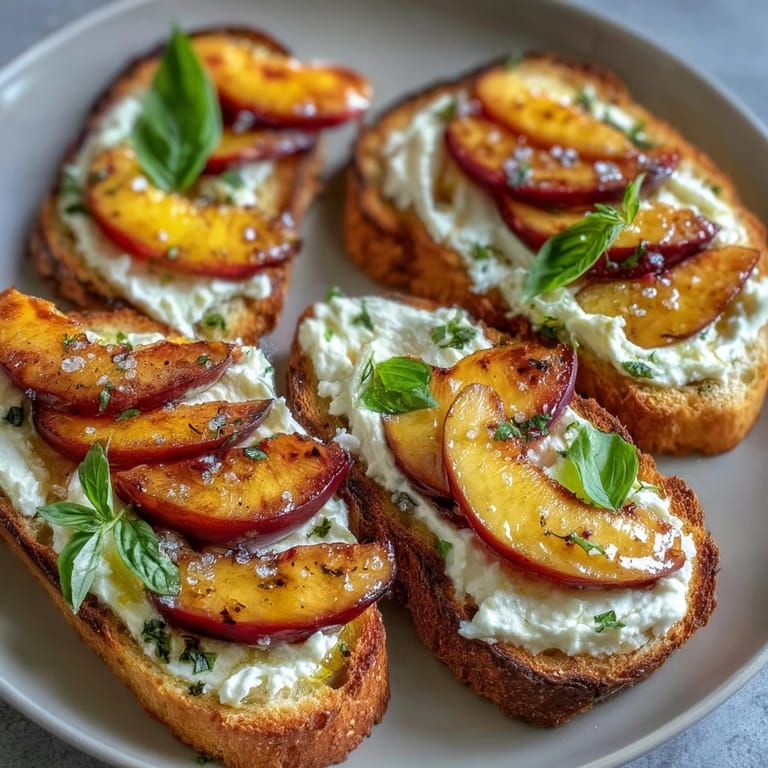 Golden sourdough toast layered with fresh burrata, ripe peaches, and a sweet honey drizzle for spring brunch.