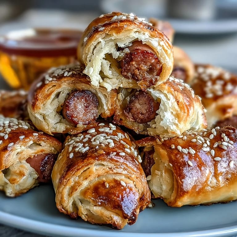 Warm mini pigs in a blanket with golden crust, paired with zesty dipping sauce for irresistible finger food.