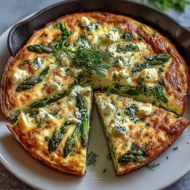 Fluffy frittata filled with sautéed asparagus, red onion, and spinach, topped with crumbled goat cheese and chives—perfect for spring brunch gatherings.