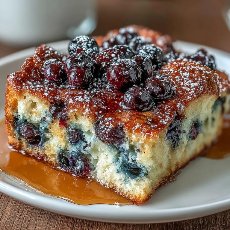 Oven-baked blueberry pancake casserole, topped with a crunchy sugar crust and bursting berries, perfect for brunch or weekend family gatherings.