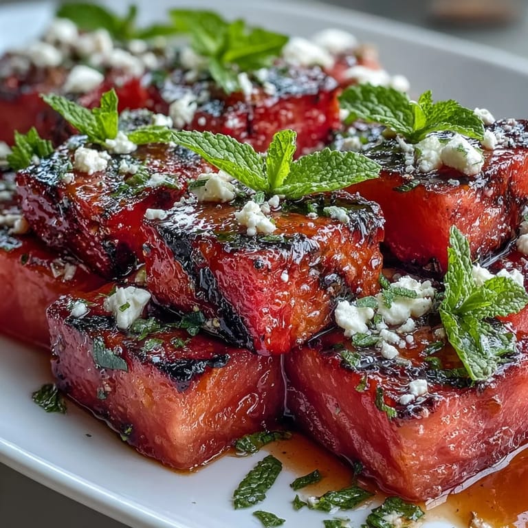 This Grilled Watermelon Salad with Feta and Mint combines juicy caramelized watermelon, salty feta, and fresh mint for a perfect barbecue side.