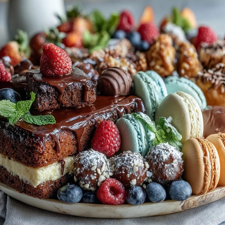 Delightful grad party dessert board featuring an assortment of mini treats, fresh berries, and elegant cake slices on a wooden tray.