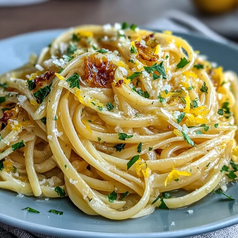 Bright and zesty lemon butter pasta dish with minced garlic, butter sauce, and fresh parsley garnish.