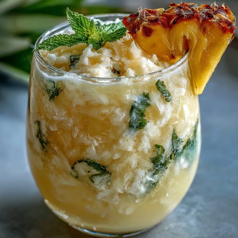 Tropical pineapple coconut agua fresca with creamy coconut milk and sweet pineapple, blended until smooth and served over ice.
