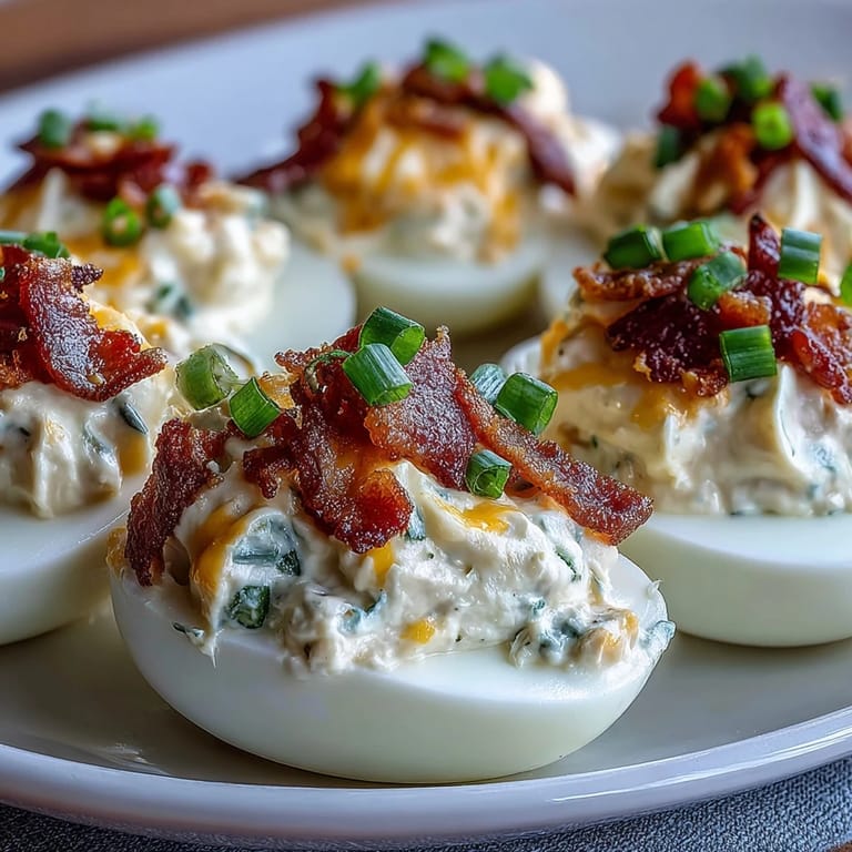 Jalapeño popper deviled eggs with tangy cream cheese, cheddar, and a hint of spice.