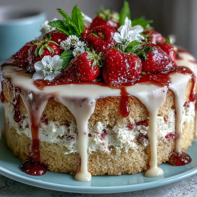 Elegant Floral Drip Cake featuring moist vanilla layers, strawberry buttercream, and delicate edible flower decorations for spring.