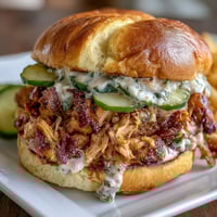 1. Slow cooker Mississippi chicken piled high on soft buns with tangy pickles and pepperoncini for a zesty, comforting sandwich.