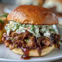 Slow cooker BBQ pulled pork sliders with creamy coleslaw, ideal for baby showers and festive gatherings.  