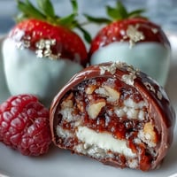 Dubai Chocolate Strawberry Easter Eggs with Crunch Filling, glossy red chocolate shells filled with nutty, crispy hazelnut spread filling.