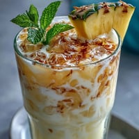 Refreshing pineapple coconut agua fresca in a clear glass, garnished with mint and pineapple wedge, perfect for hot summer days.