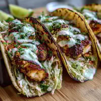 Fresh, zesty grilled fish tacos marinated in coconut milk and lime, topped with crunchy cabbage slaw and creamy coconut lime crema.