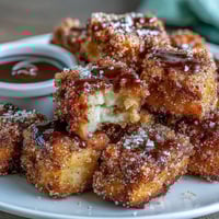 Cinco de Mayo Churro Bites with Chocolate Dipping Sauce: golden, cinnamon-sugar-coated churro bites served with a warm, glossy chocolate dip.  