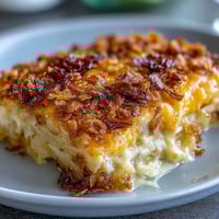 Golden cheesy hash brown casserole with crispy cornflake topping, perfect for holiday gatherings.