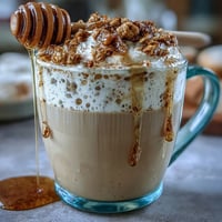 Cozy dandelion tea latte with creamy oat milk and sweet honey.